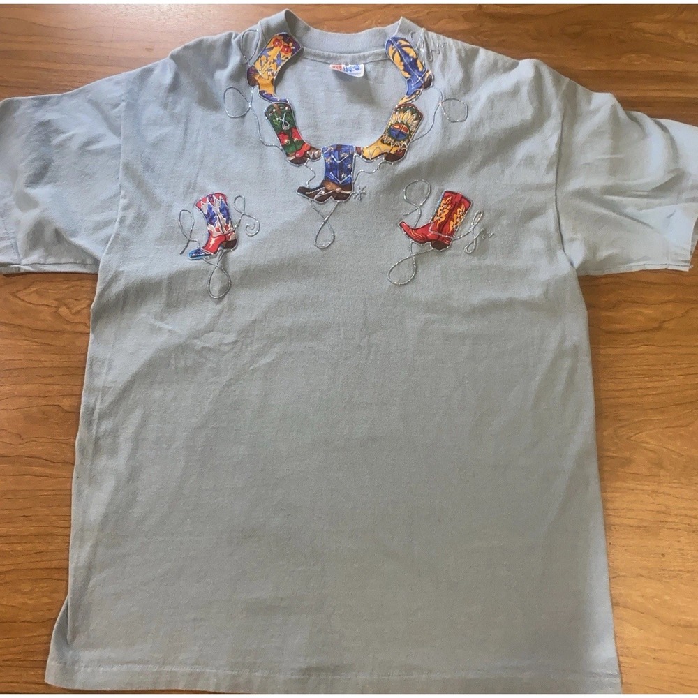 "Vintage Hanes Beefy-T‎ Handmade Western Cowboy Boot Appliqué Shirt Large"